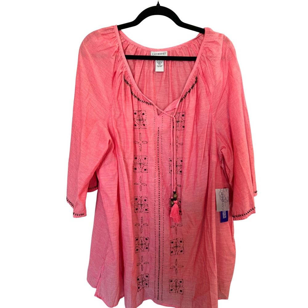NWT Catherines Peasant Tunic Blouse 1X Light Red Gauze Bead Embellished Vacation